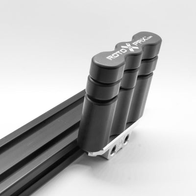 Billet aluminum Rotopax mount adapter for extrusion roof rack cross bars.